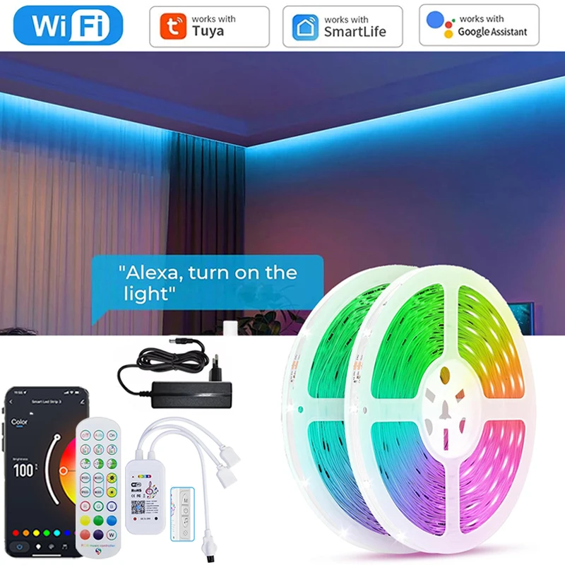 30M 12V Smart WiFi RGB LED Strip Lights APP Control Music Sync Remote Led Tape Lights With Adapter For Bedroom Gaming Room