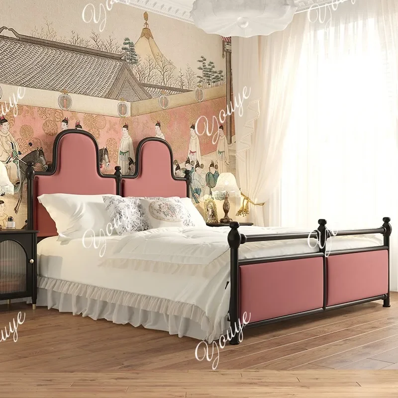 J French Paris Solid Wood Curved Black Roman Column Fabric Soft Bag American Simple Design Custom Retro Double Bed
