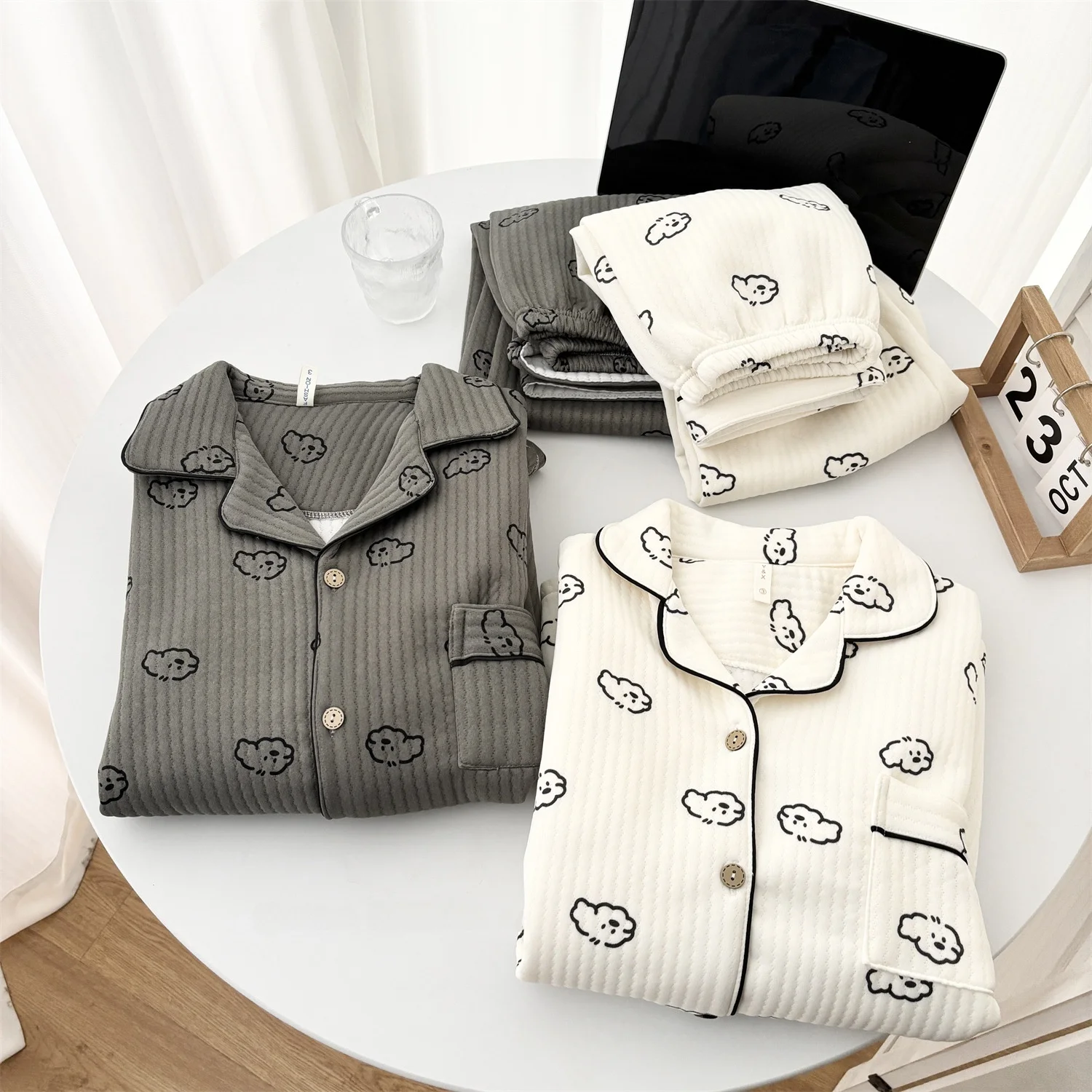 

Cute Couple Dog Air Cotton Layered Sleepwear Loose Home Clothes Set Warm Cartoon Design Autumn Winter Long Sleeve Button up