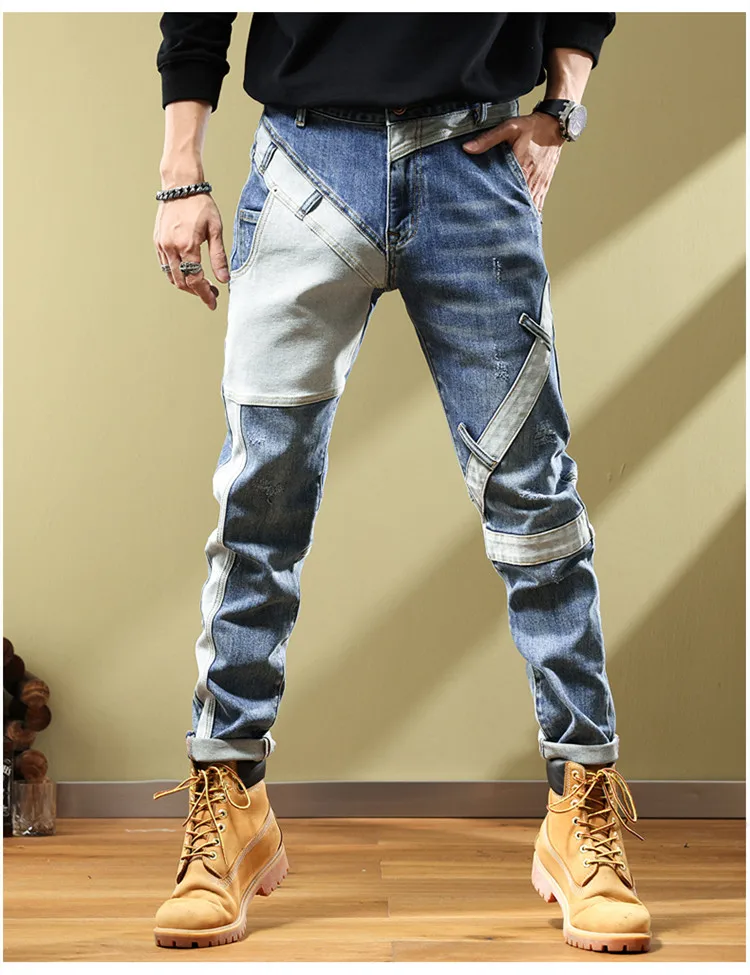 

Осень-зима 2022, новые модные мужские винтажные эластичные повседневные модные синие тонкие джинсовые брюки, мужские джинсы, уличная одежда