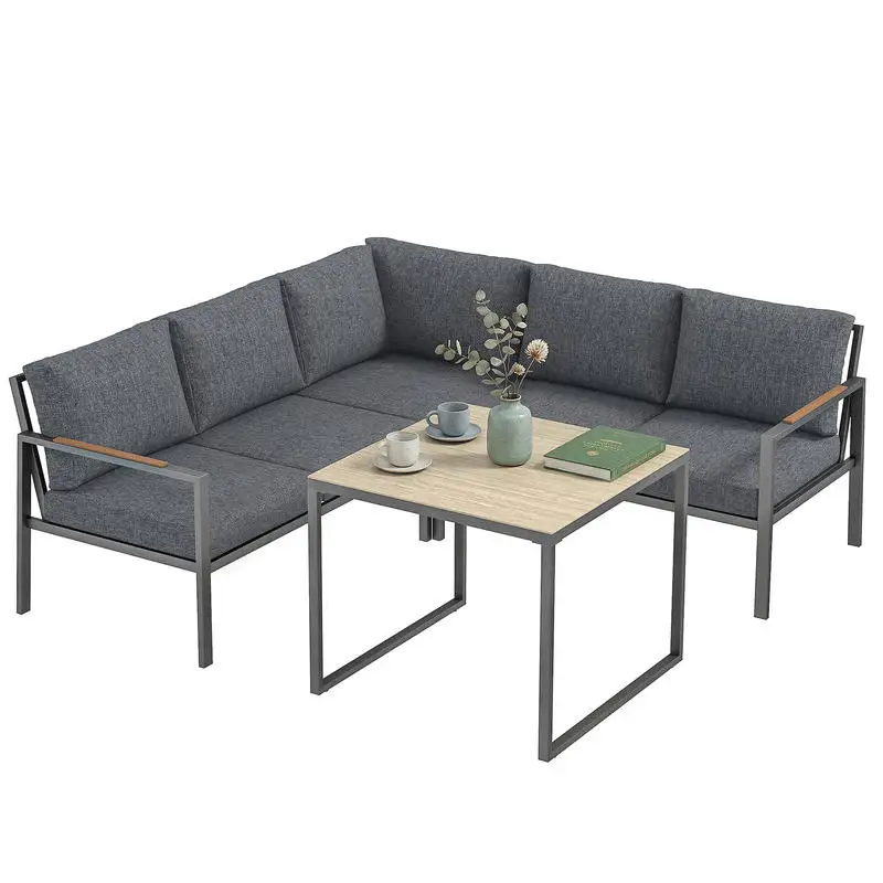 Salon de Jardin Extérieur 3 Pièces 5 Personnes, 2 Canapés avec Coussins Épais, 1 Table Basse, 183x183x72cm, Gris Foncé