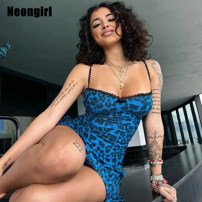 OrangeG Leopard Sexy Mini Dress Women Spaghetti Strap Slit Sheath Sleeveless Low Cut Animal Print Wrap Backless Outfits 2024