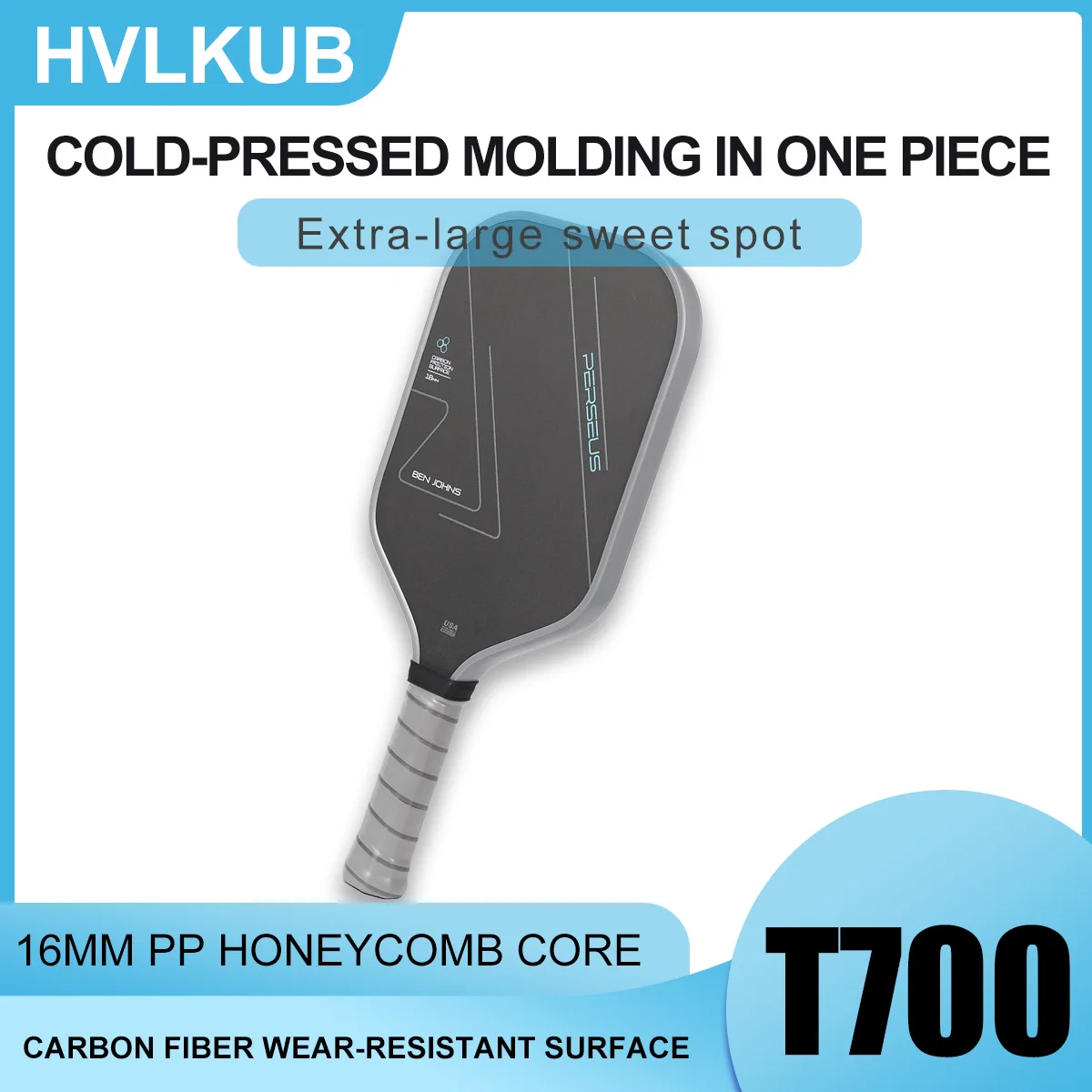 

Ракетка для пиклбола HVLKUB T700 из углеродного волокна, сердцевина из полипропилена 16 мм, конструкция холодной прессовки, увеличенная зона оптимального удара.