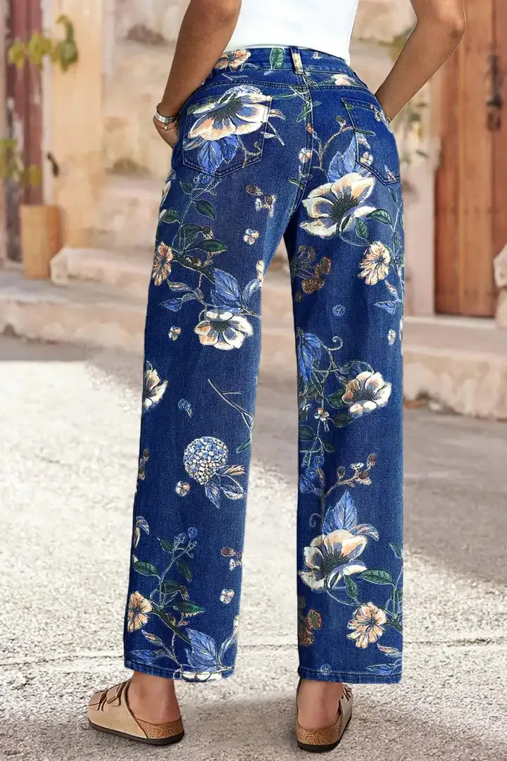 New for 2026: Women's Blue High-waisted Stretch Jeans, Vintage-style Loose-fit Wide-leg Denim Pants with A Floral Print.