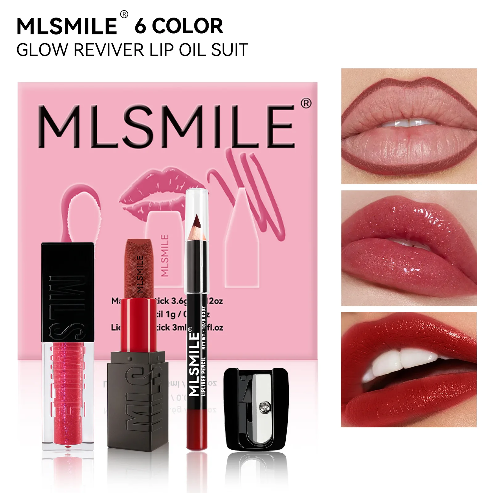 MLSMILE 6 Color Lip Set Glossy Luster Lipstick Lip Oil Silky Smooth Texture Long-wearing Waterproof Fashion Gift Box Cosmetics