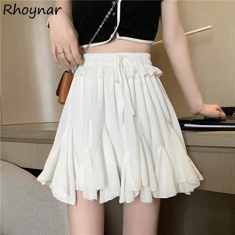 

Solid Skirts Women Summer Sweet Girls Pleated Ruffles Lace-up Designed Korean Style Simple All-match A-line High Elastic Waist