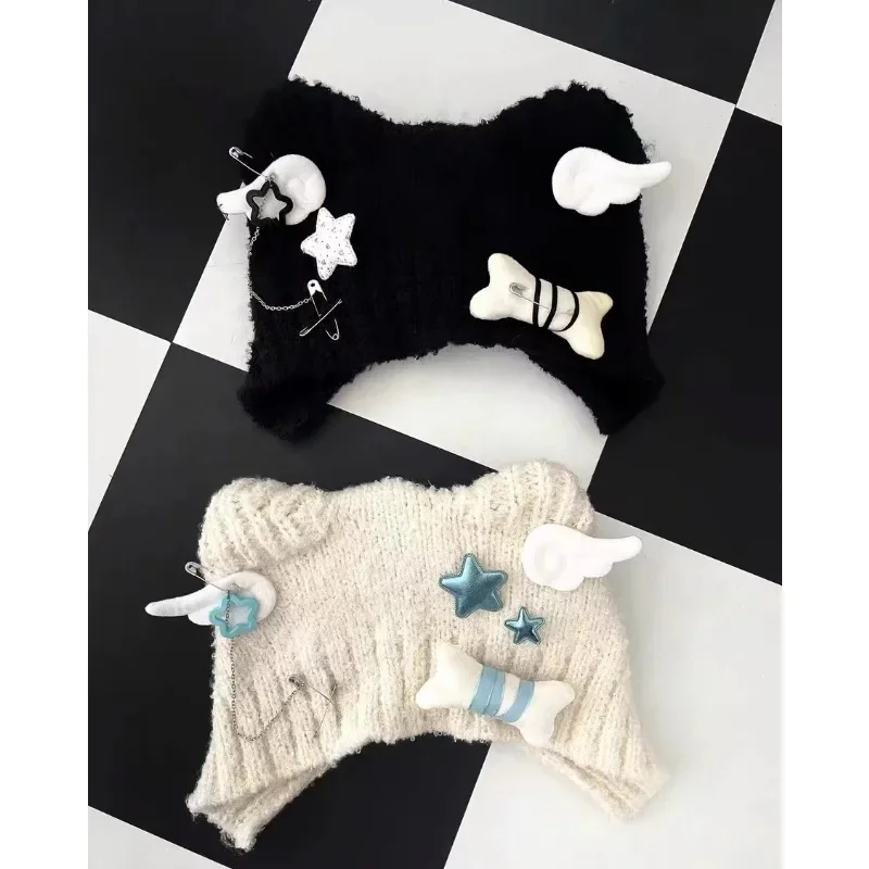 

Subculture Y2k Cute Autumn Winter Warm Knit Punk Hat Black White Harajuku Y2k Gothic Beanies Ear Star Caps Women Beanies
