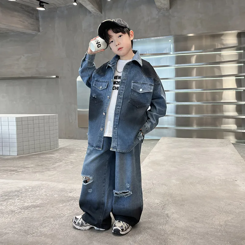 Children's Clothing Boys' Handsome Suit Spring and Autumn 2025 New Fashion Jacket Ripped Jeans Kids Two-piece Set