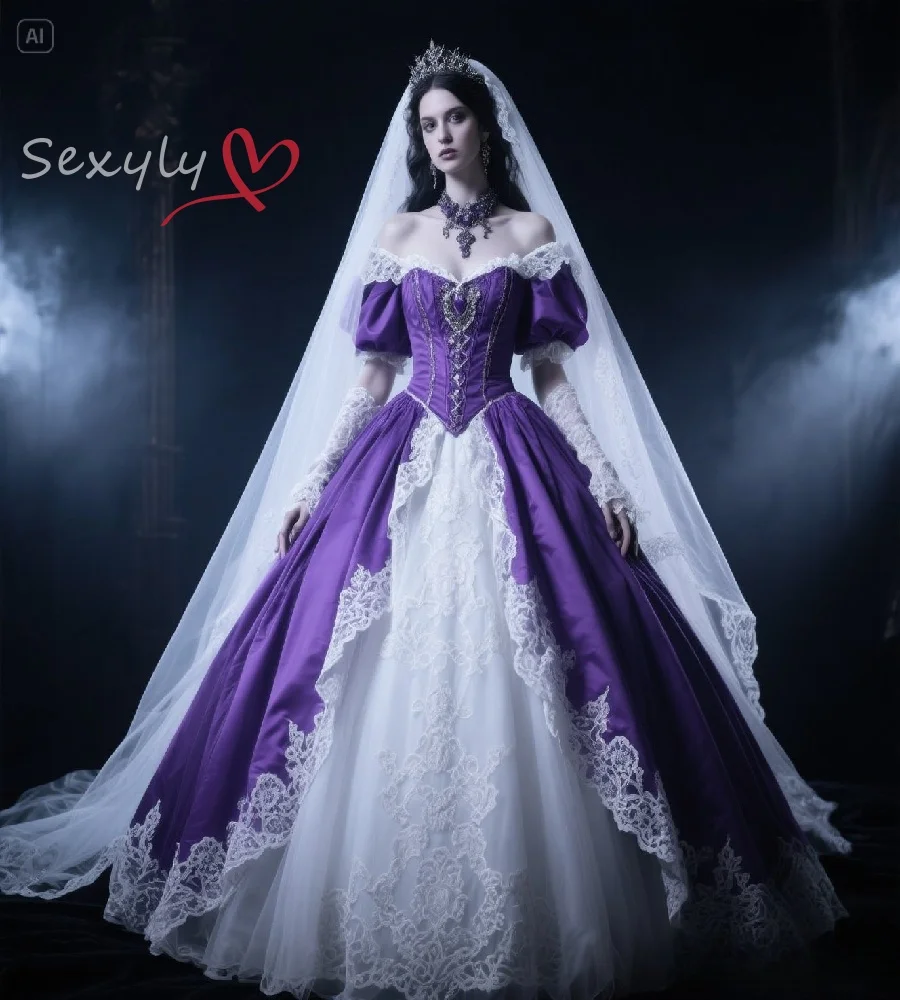 Princess Purple And White Wedding Dress 2025 Puff Sleeve Renaissance Victorian Gothic Bridal Gown Lace Bustle Bride Customized