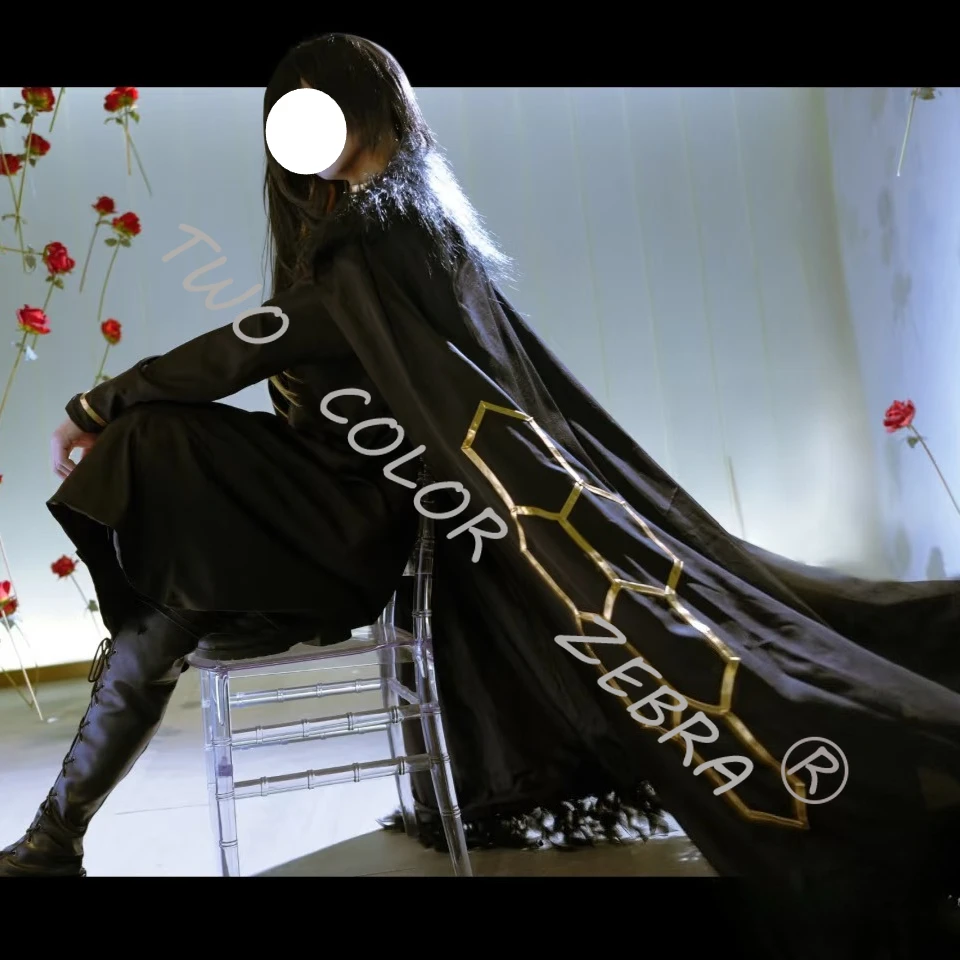 Library of Ruina Binah Cosplay Costume Black Fantasy Cloak with Fur Trim and Gold Geometric Medieval Cos Cape Wig Set Roleplay - view 3