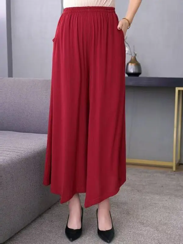 plus Size Mom Wide Leg Pants Elastic Waist Nine Points Thin Skirt Pants Summer New Style Casual Loose Fit High Waist Straight...
