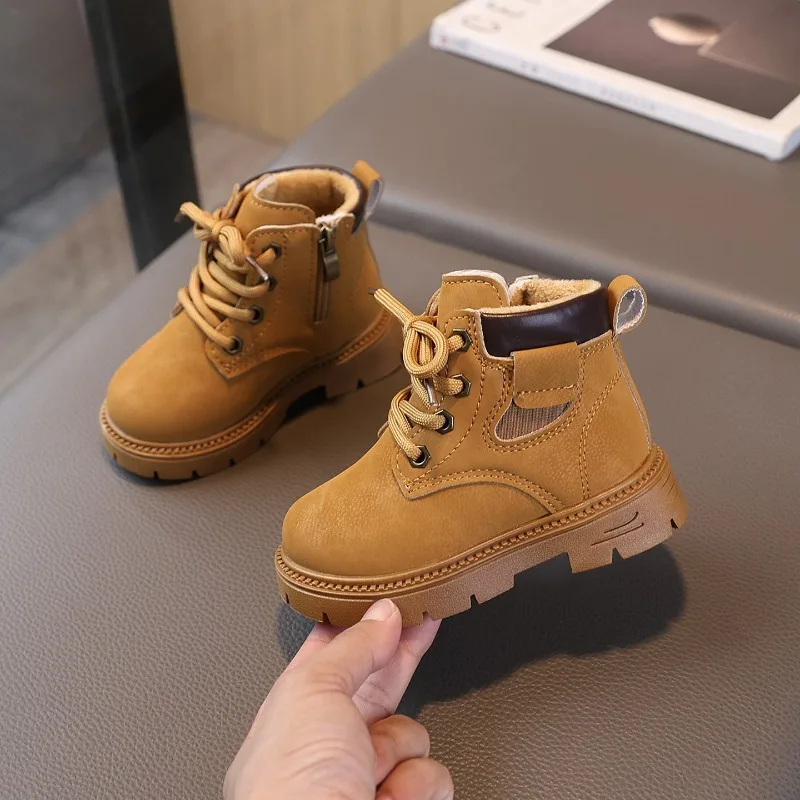 Winter Boys Girls Fleece-lined Non-slip Ankle Boots Children Soft Sole Warm Work Cotton Shoes Kids Outdoor Snow Boot Casual Shoe