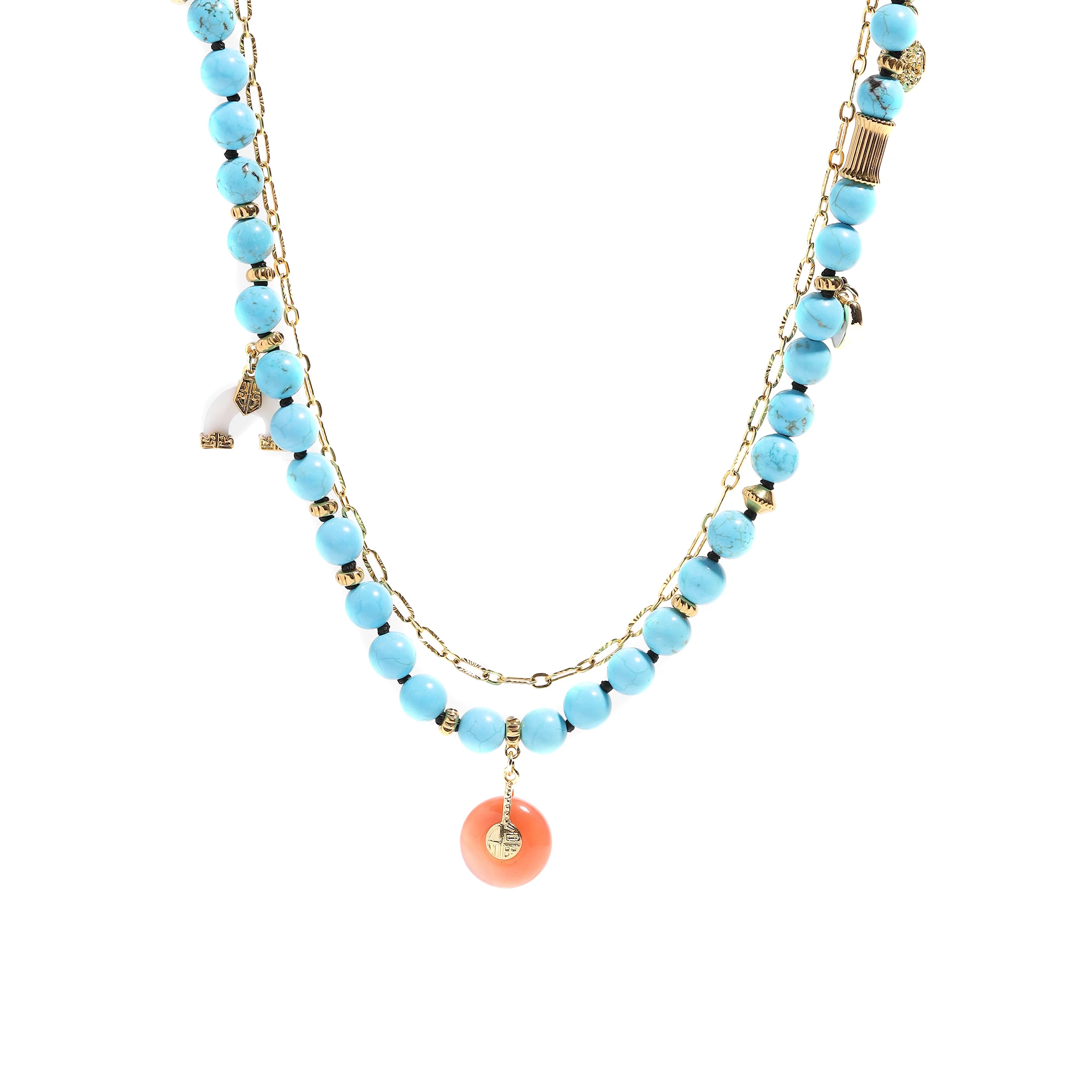 Women Handmade Layered Turquoise Necklace Copper Base Pink Stone Charm Boho Statement Jewelry