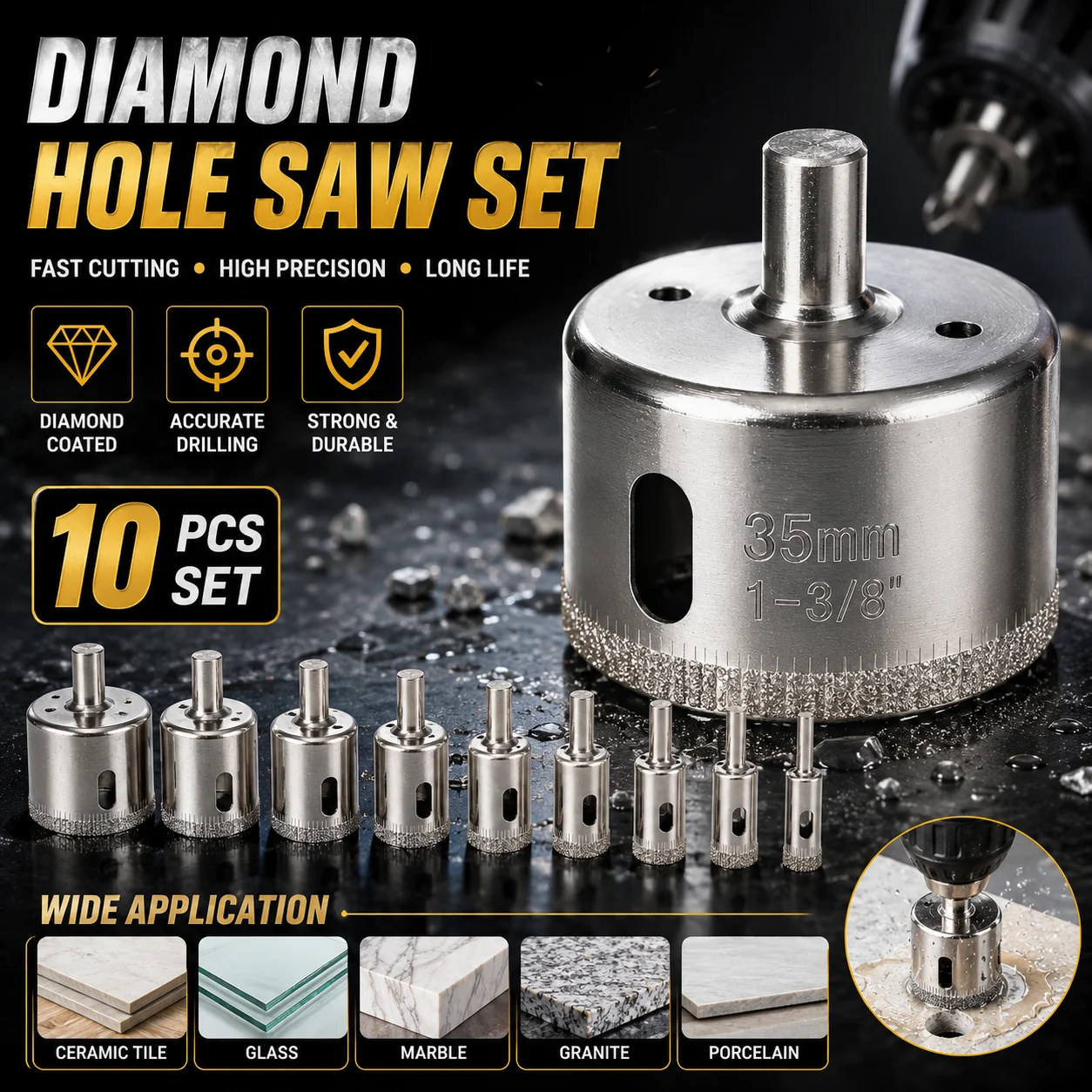 10Pcs Diamond Coated Hole Saw Drill Bit Set – Precision Drilling for Tile, Marble, Glass, Ceramic & Hard Surfaces Seamlessly