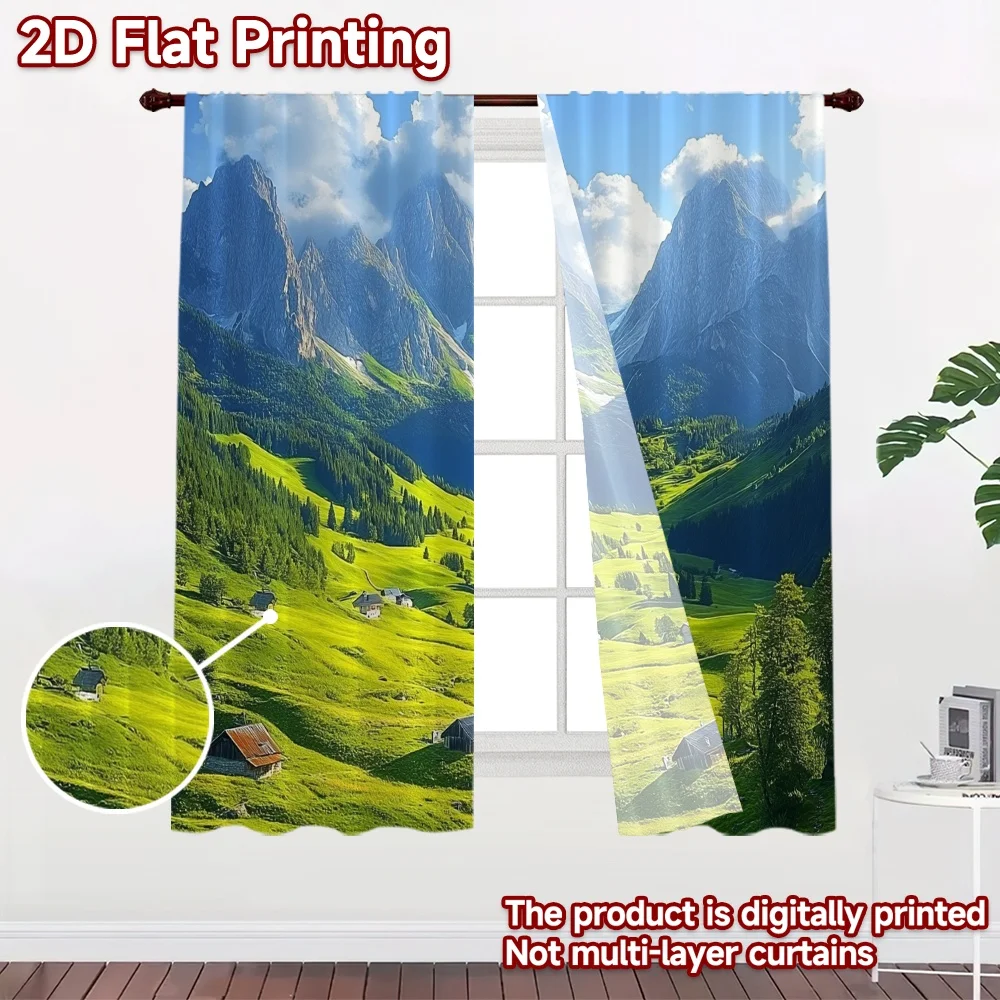 2D flat 2pcs Curtain Vintage drapes and curtains Sunny Mountain Valley Durable polyester fiber Festive Wall Decor Perfect for