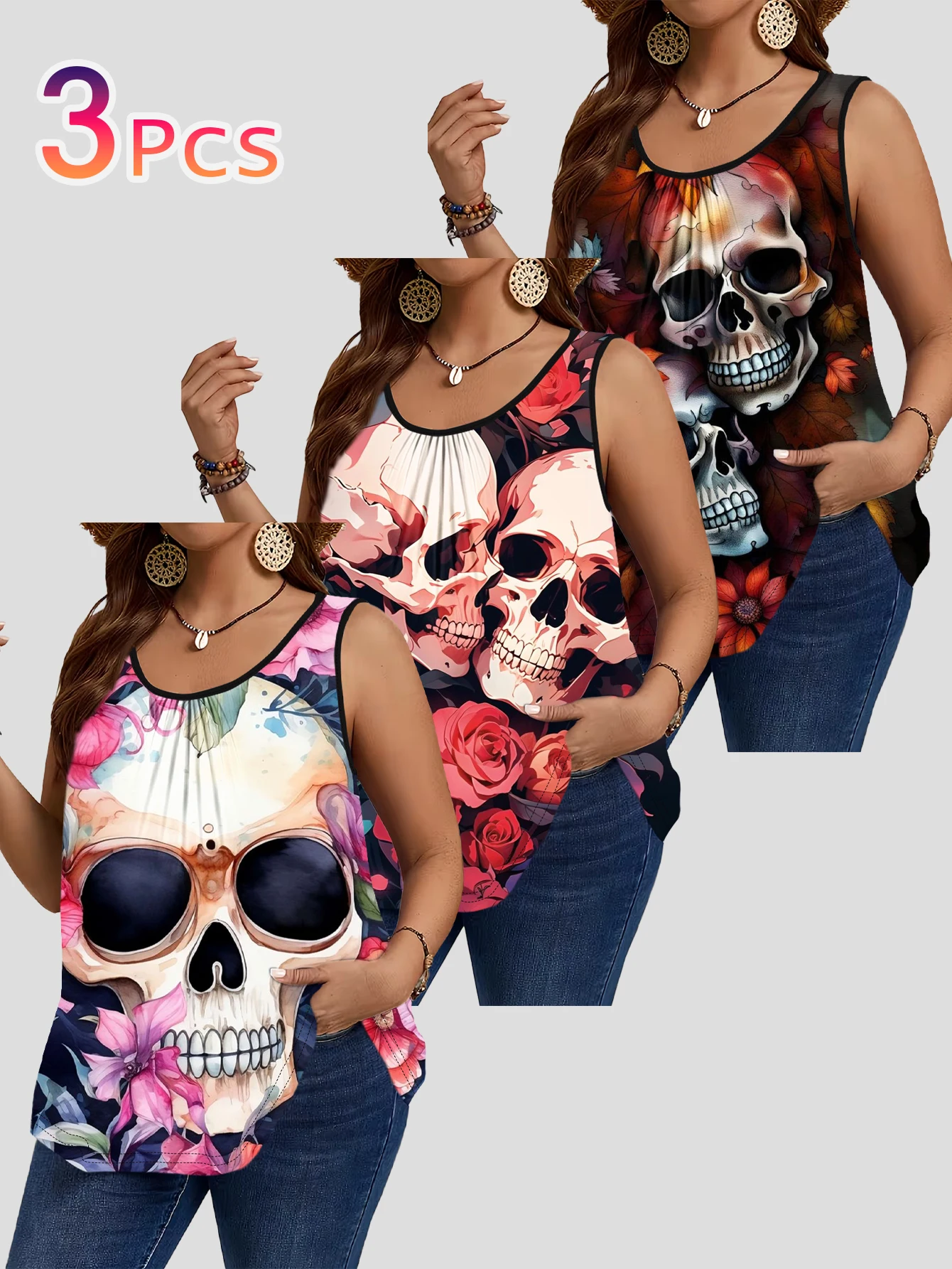 3-Piece Set of Plus-Size Sleeveless Vests with Floral Layered Skull Art Print for Autumn, Suitable for Casual Summer Wear