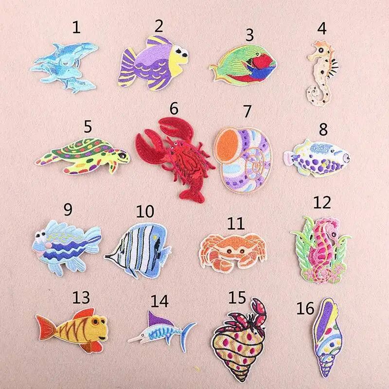 Cartoon Ocean Animal Whale Shark Marine Organism Turtle Iron On Embroidered Clothes Patches For Clothing Wholesale Badges