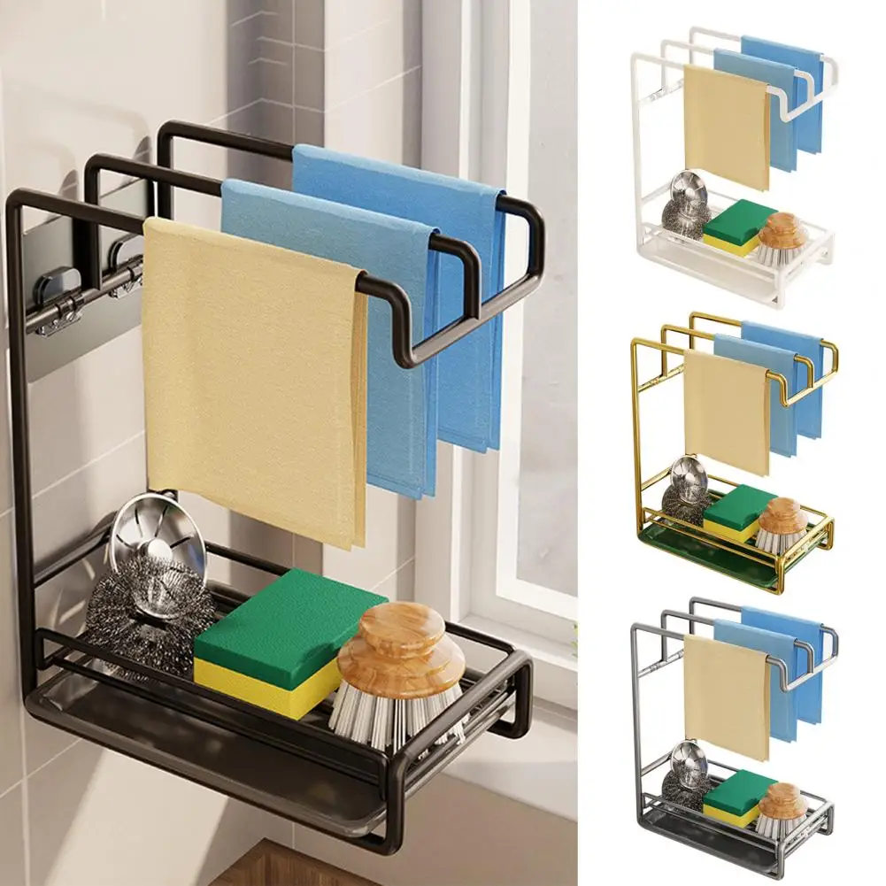 Stainless Steel Storage Rack Pull-out Water Tray Organizer Stainless Steel Sink Storage Rack with Towel Holder for Quick