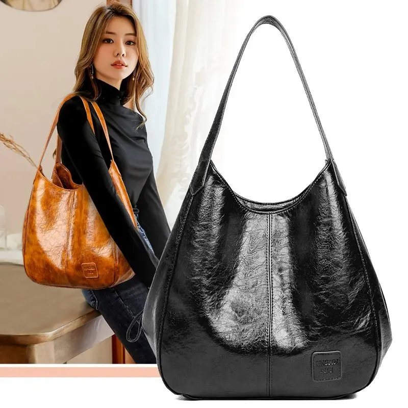 2024 Women's Vintage Handbag Designer Luxury Shoulder Bag Large Capacity Fashion Leisure Business Brand Real PU Leather Handbag
