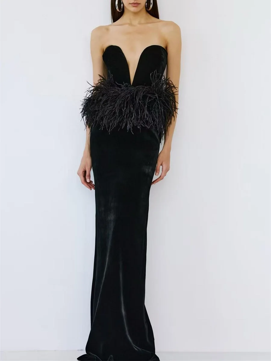 

2025 зимнее женское сексуальное платье-топ с золотым бархатом и кисточками из перьев, корсет для женщин y2k, новое высококачественное вечернее платье