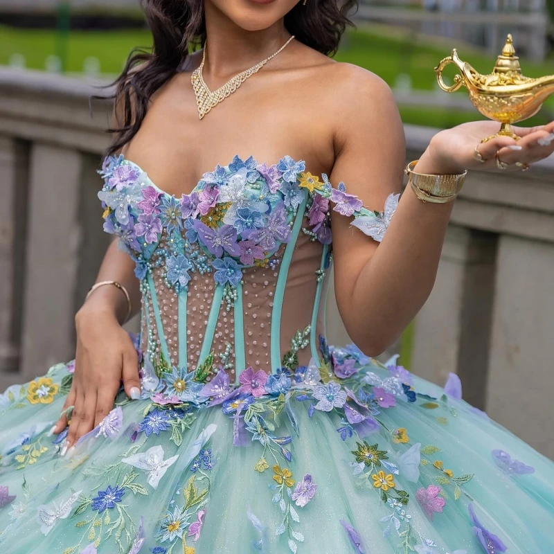 

Mint Green Shiny Quinceanera Dresses Off The Shoulder Applique Lace Beads Bow Tull Corset Party Birthday Sweet 16 Dress Vestidos