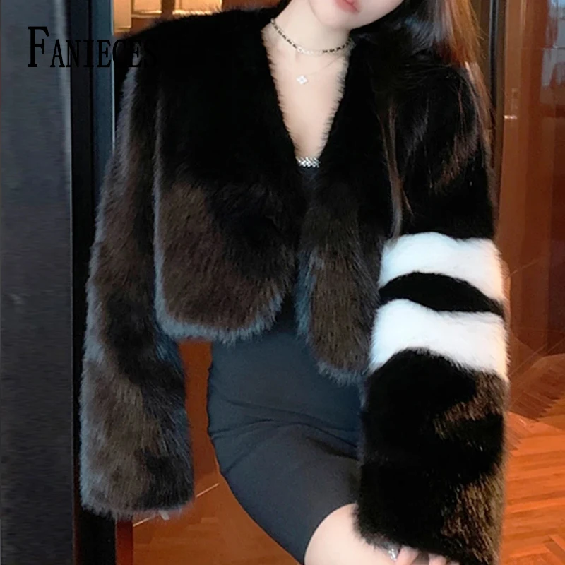 

FANIECES Women Faux Fur Short Coat V Neck Casual Black Fur Outwear Cropped Tops Hairy Fluffy Party Elegant Luxury Feather Jacket