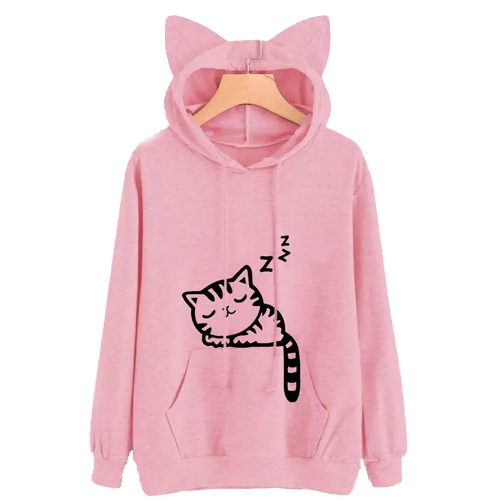 Women Long Sleeve Hoodies Sweatshirt Cute Cat Print and Ear Kangaroo Pocket Drawstring Pullover