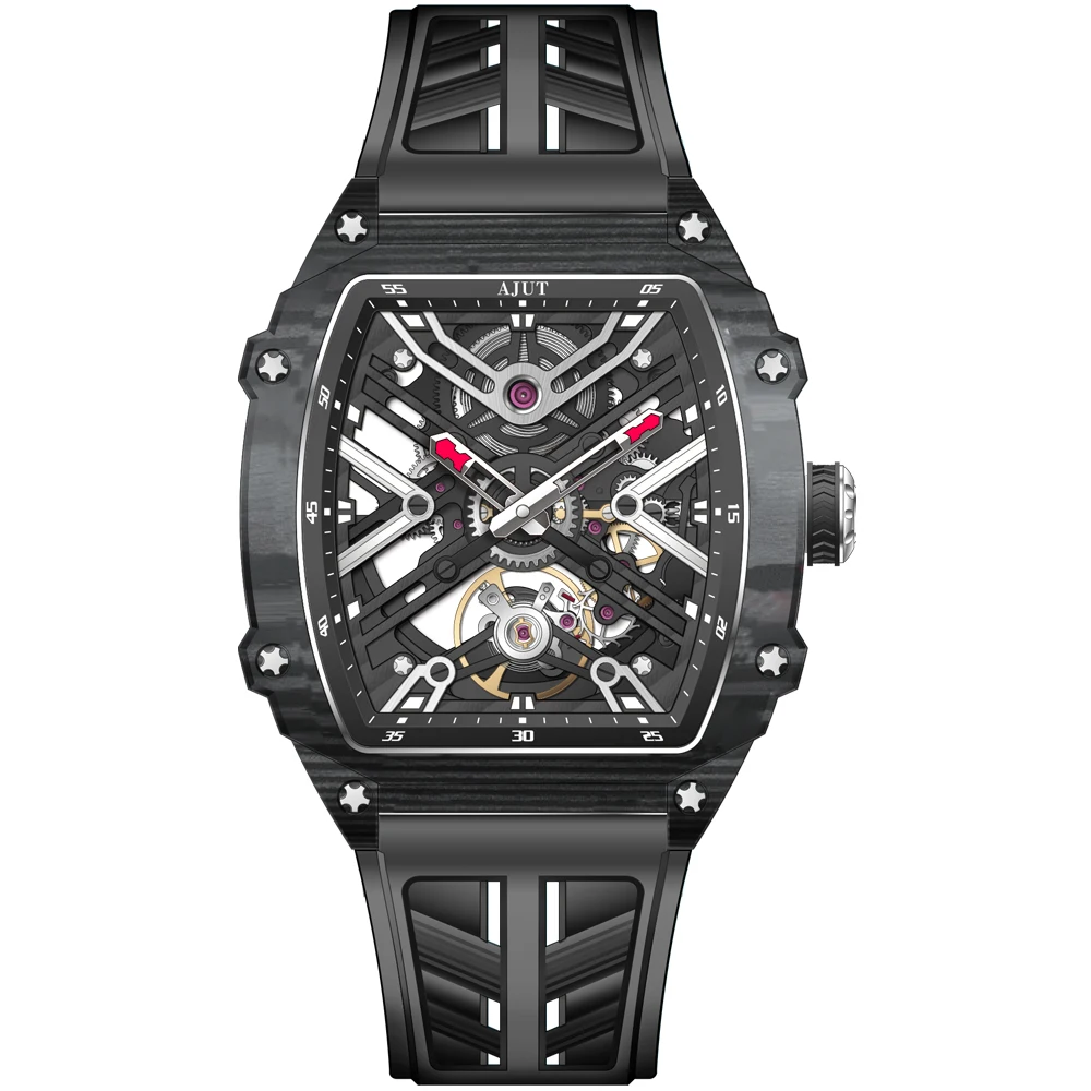 ساعات أوتوماتيكية من AJUT للرجال بحركة ميكانيكية من ألياف الكربون ساعة هيكل عظمي للرجال فاخرة عالية الجودة 0519
