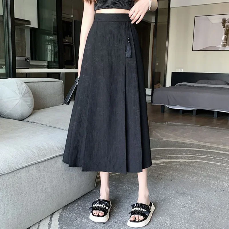 Summer Girls Solid Elastic High Waisted Long Skirts Lady Elegant Comfortable Pleated Dress