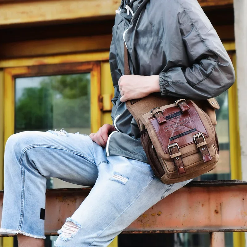 Men Crossbody Bags Male Canvas Shoulder Bags Boy Messenger Bags Handbags for Travel Vintage Style Casual Brown Bag bolsos hombre