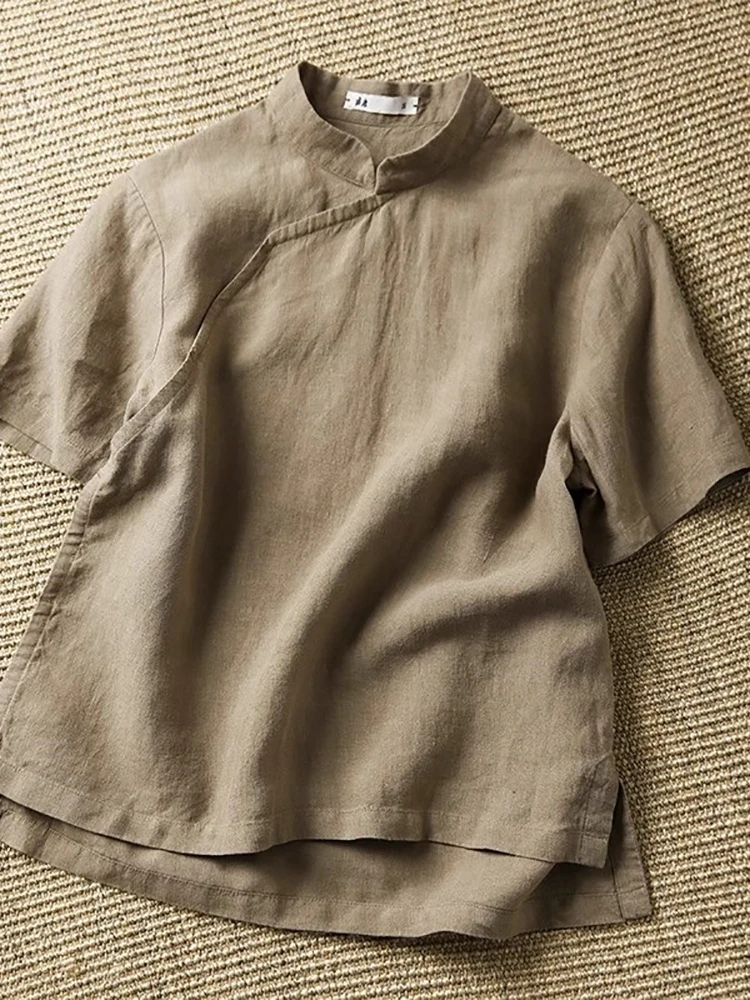 

Women's ort Sve Cotton Linen irt Vintage Commute Sle Loose Fit Pure Color Stand Collar Button up Summer Autumn Top