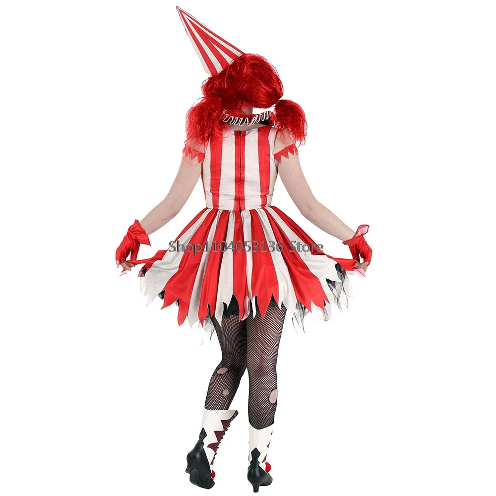 Lady Clown Costumes Dress for Women Cosplay Adult Female Carnival Party abiti spaventosi strisce bianche rosse abbigliamento da Clown di Halloween