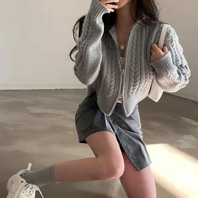 Gray Cardigans Women Vintage Twist Crop Sweaters Autumn Zip-up Knitwear Outerwear Tender Korean Fashion Ladies Casual Streetwear