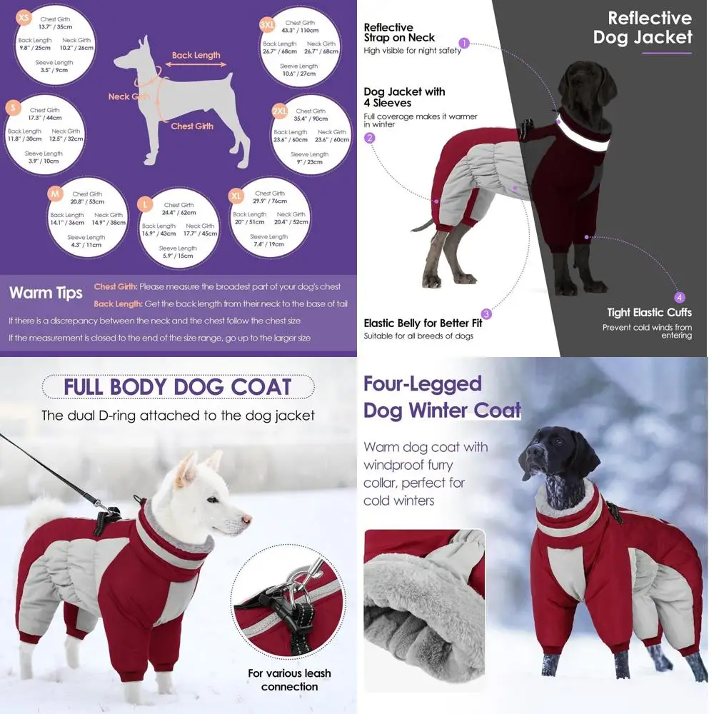 

Large Dog Warm Fleece Jacket with Turtleneck and Harness, Reflective Snowsuit Windproof Jacket with Legs, Burgundy, Large Size