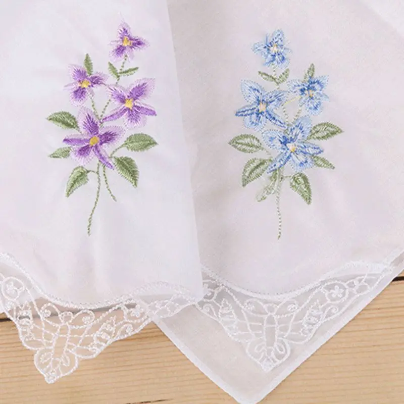 3Pcs/Set Women Basic White Square Handkerchief Floral Embroidered Pocket Hanky B