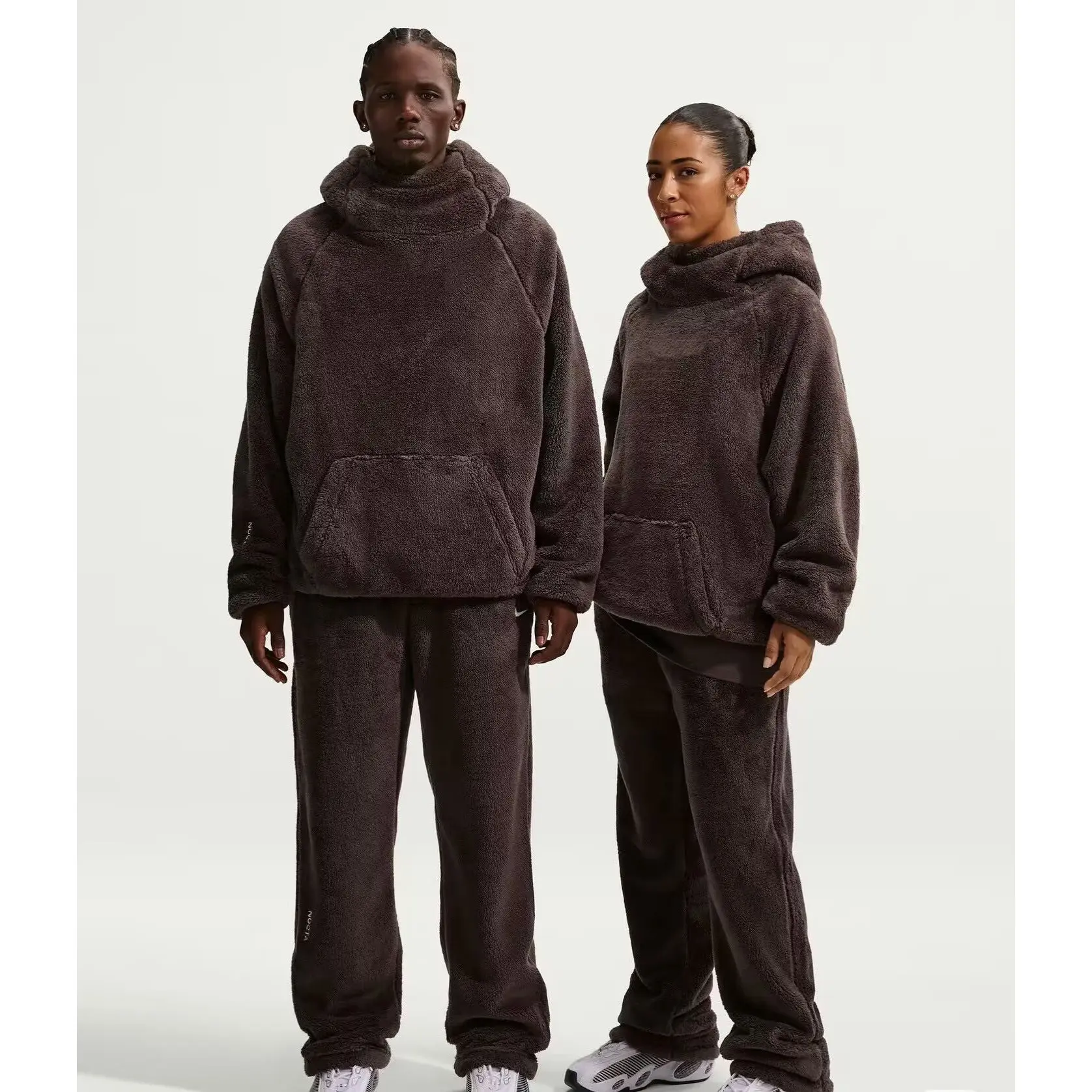 

American Drake Cardinal Teddy Lamb Fce Hooded Sweatirt Pants Set Couple Matching Long Sve Stand Fit Thermal Wear