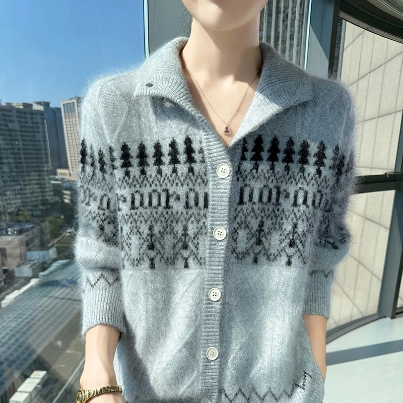 Cárdigan de Cachemira 100% Pura de Visón para Mujer, Abrigo Jacquard de Invierno con Solapa, Suéter Grueso Holgado a la Moda con Combinación de Colores, Camisa de Pelo Animal