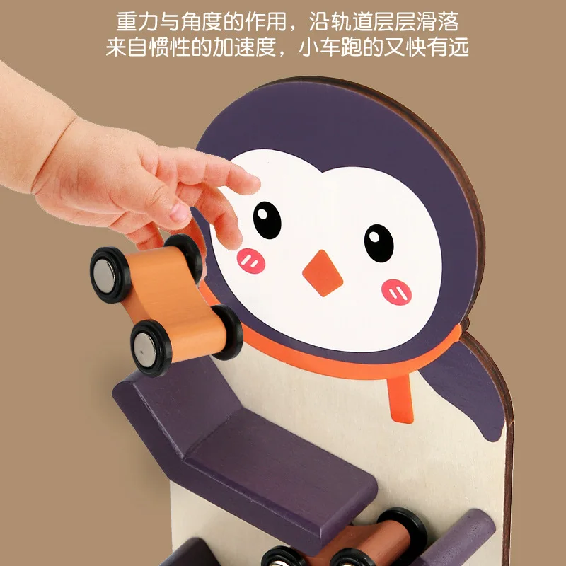 Montessori Wooden Ramp Racer Toy Lion Penguin Cow Animal Sliding Track Gliding Car Toddler Early Educational Play Toy Gift
