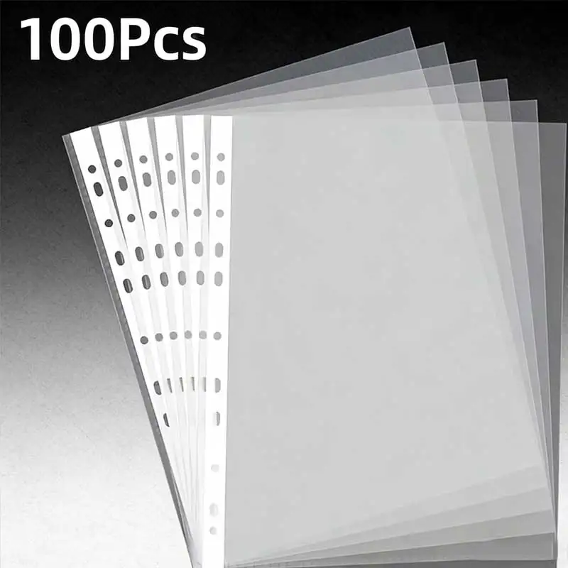 

100pcs 8C Clear A4 Plastic File Folders 11-Hole 3-Ring Binder Compatible Durable PP Document Sleeves for Office School Home