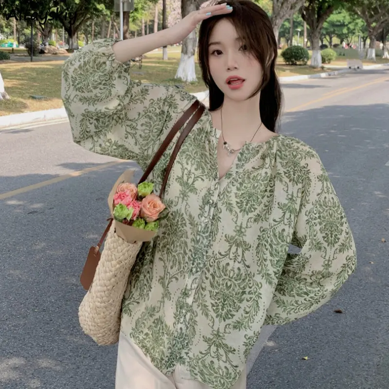 

Vintage Printed Shirts Women Casual Female Temperament Harajuku Summer Fashion Literary Korean Style Thin Popular Loose Comfort