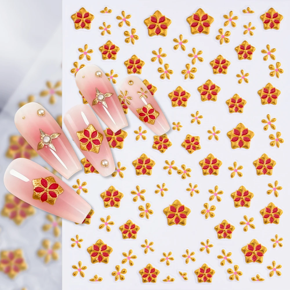 1 stücke Gold Fünf-blütenblatt Blume Nagel Aufkleber 3D Metall Glitter Blüte Fünfzackigen Stern Geformt Nagel abziehbilder DIY Herbst Nagel Dekor