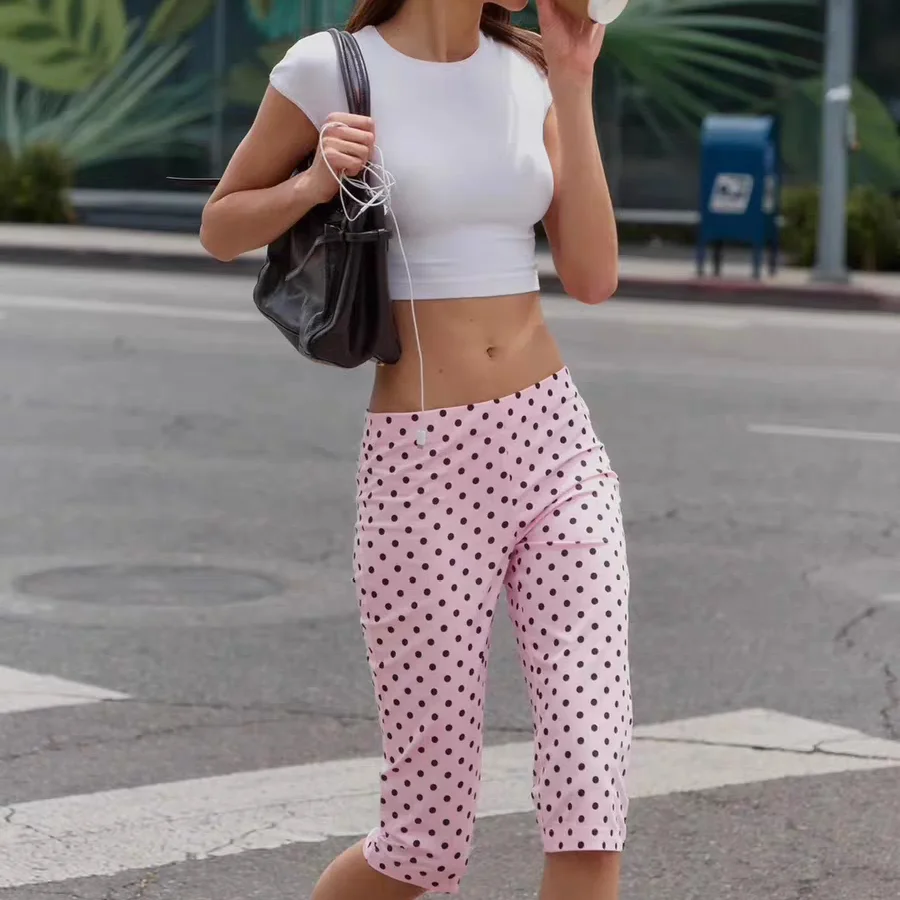 Sweet Fashionable Polka Dot Capri Pants for Women New Arrival Casual Straight Leg Polyester Fiber Natural Waist Summer 2026