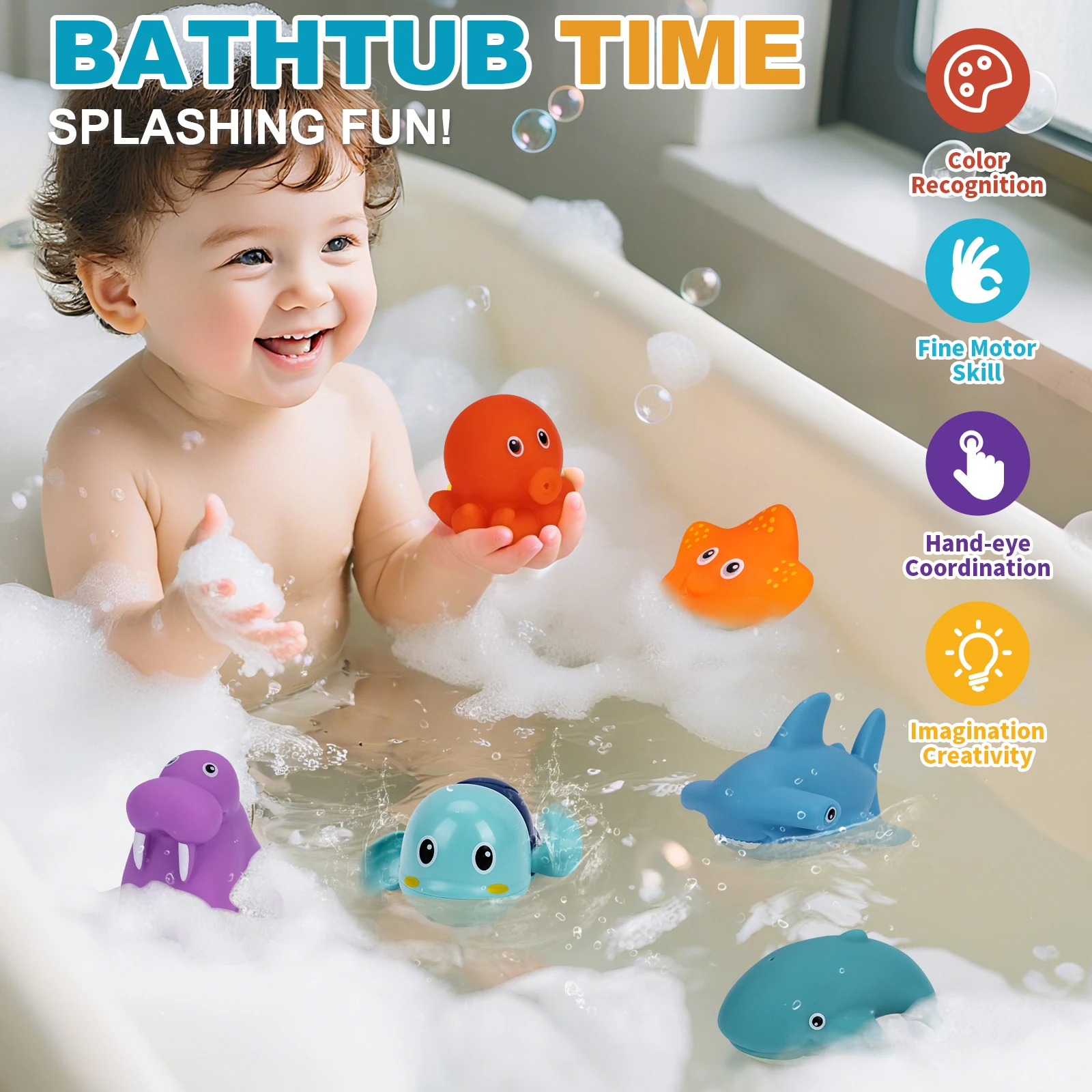 8Pcs Baby Bath Toys Pool Beach Classic Chain Clockwork Water Toy Cute Cartoon Swimming Turtle Octopus for Kids Water Playing Toy