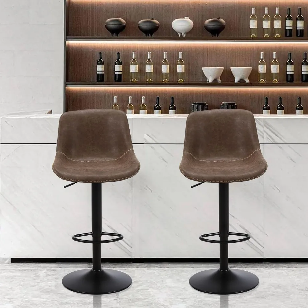 Ensemble de 2 tabourets de bar modernes réglables avec dossier, sans accoudoirs, en cuir PU, marron