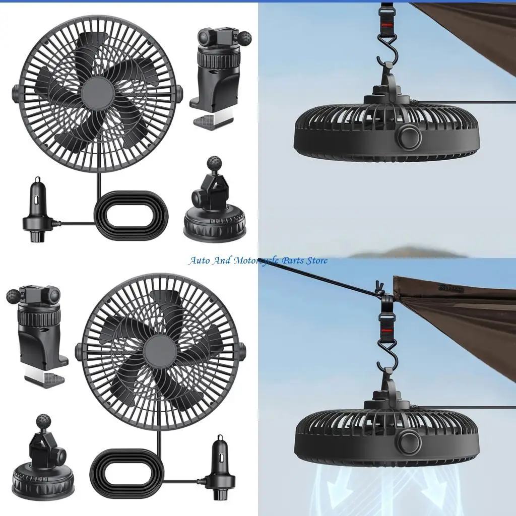 P9FD Cabin Ventilation Fan with 12V 24V Vehicle Socket Power, Clip On and Suction Mount Cooling Fan for Truck and Daily