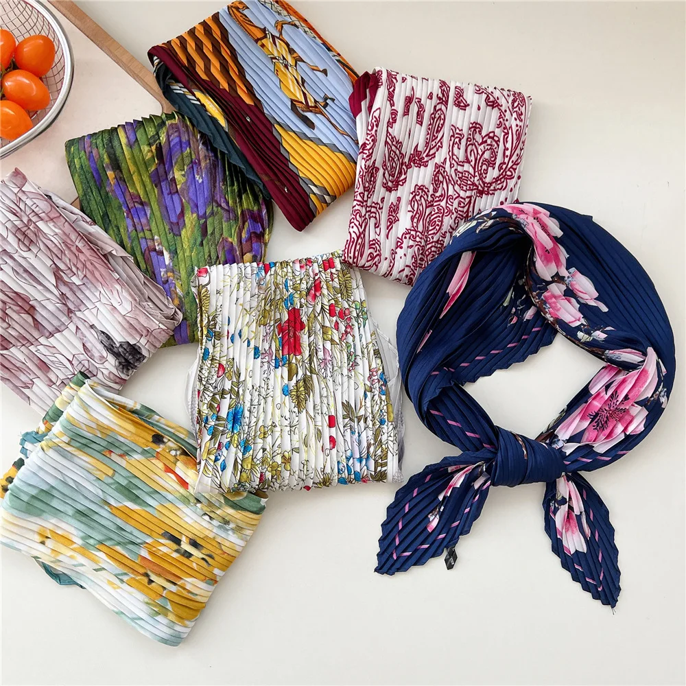 

Floral Print 70*70cm Silk Square Scarf Women Soft Satin Hairband Neckerchief Pleated Hijab Lady Headband Foulard Bag Ribbon