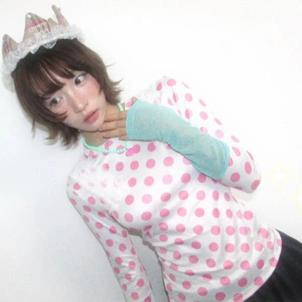 Pink Polka Dot Patchwork Mesh Long Sleeve Top Mint Green Sheer Sleeve Contrast Color Round Neck Slim Fit Cute Casual Base Shirt