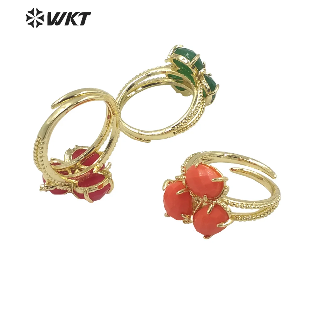 WT-R482 Elegant Flower Shape Women Gold Plated Resist Tarnishable Prong Setting Natural Jade Stone Ring In Adjustable Size