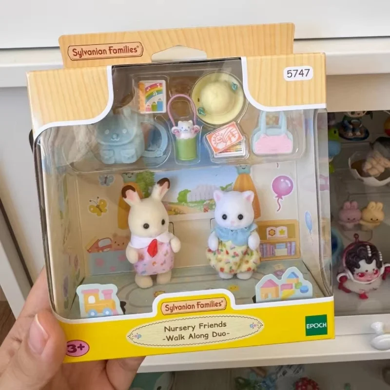 Genuine Sylvanian Families Anime Figures Kindergarten Go To School Raincoat Starry Sky Playing Water Baby Set Toys Girls Gifts