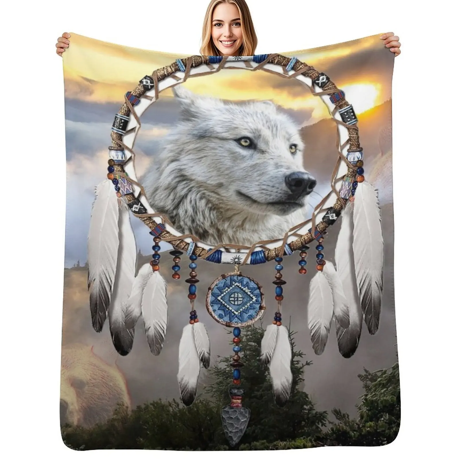 Wolf, Bear and Dream Catcher Throw Blanket Durable Warm Blanket for Daily Home Use